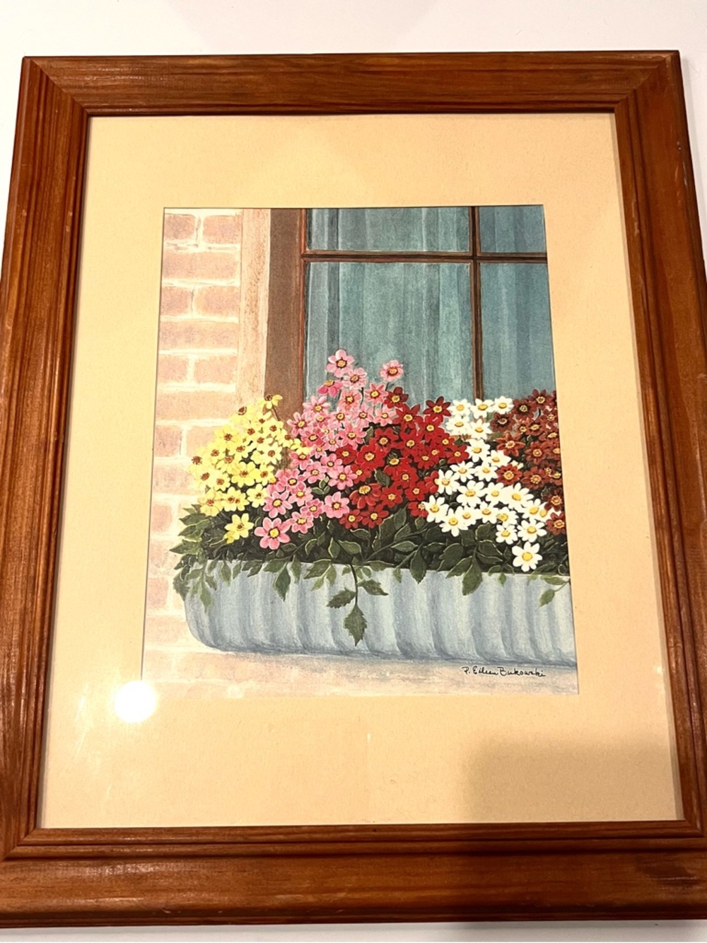 Framed Floral Window Box Watercolor - Pink Red White Flowers
